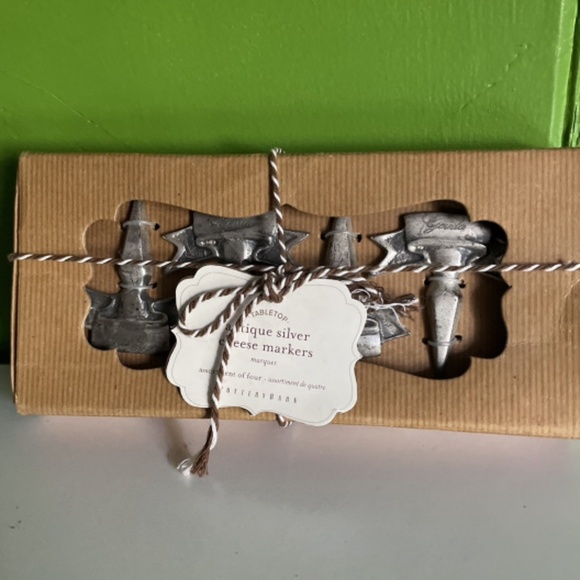 Pottery Barn Antique Silver Cheese Markers Set of 4 Charcuterie NEW farmhouse  G - Picture 1 of 4